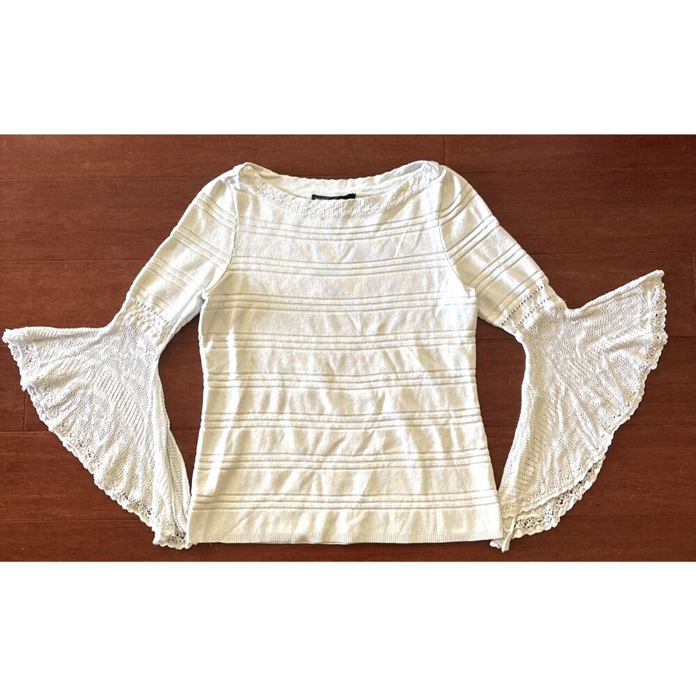 White House Black Market Metallic Bell Sleeve Crochet Knit Top WHBM Silver M